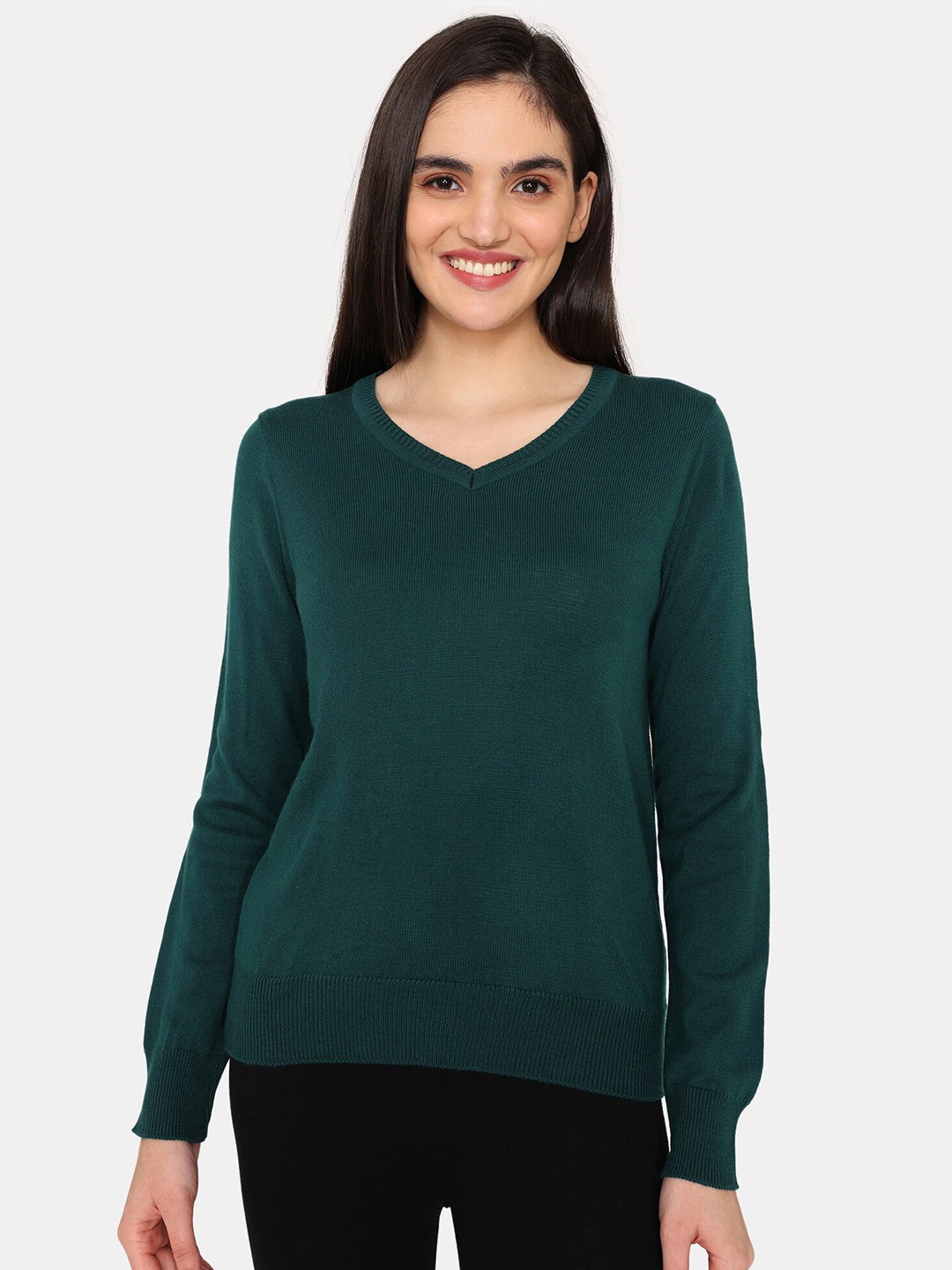 

Zivame V-Neck Long Sleeves Pullover Pure Acrylic Pullover Sweaters, Green