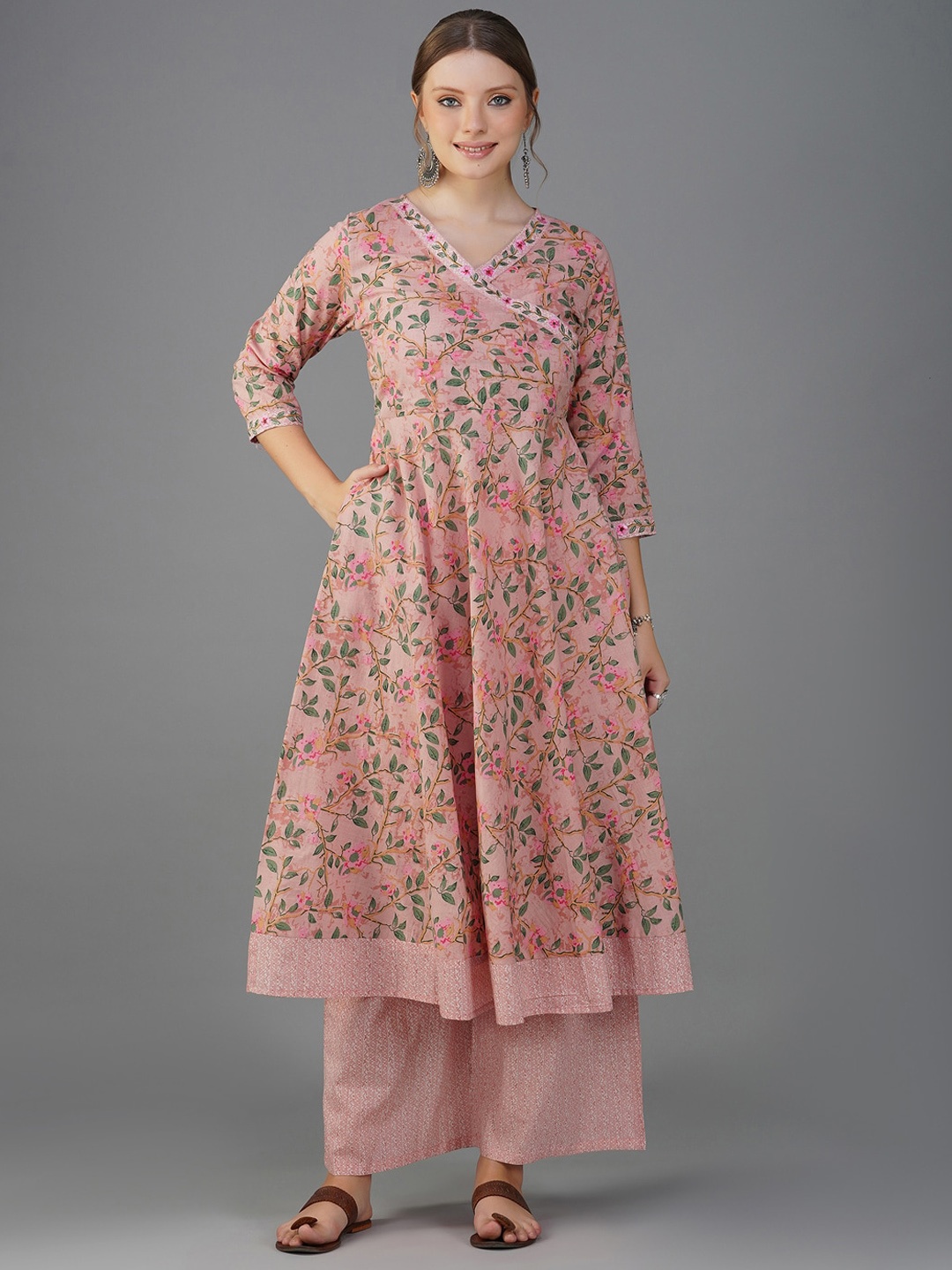 

METRO-FASHION Floral Printed Pure Cotton Angrakha Kurta with Palazzos, Peach