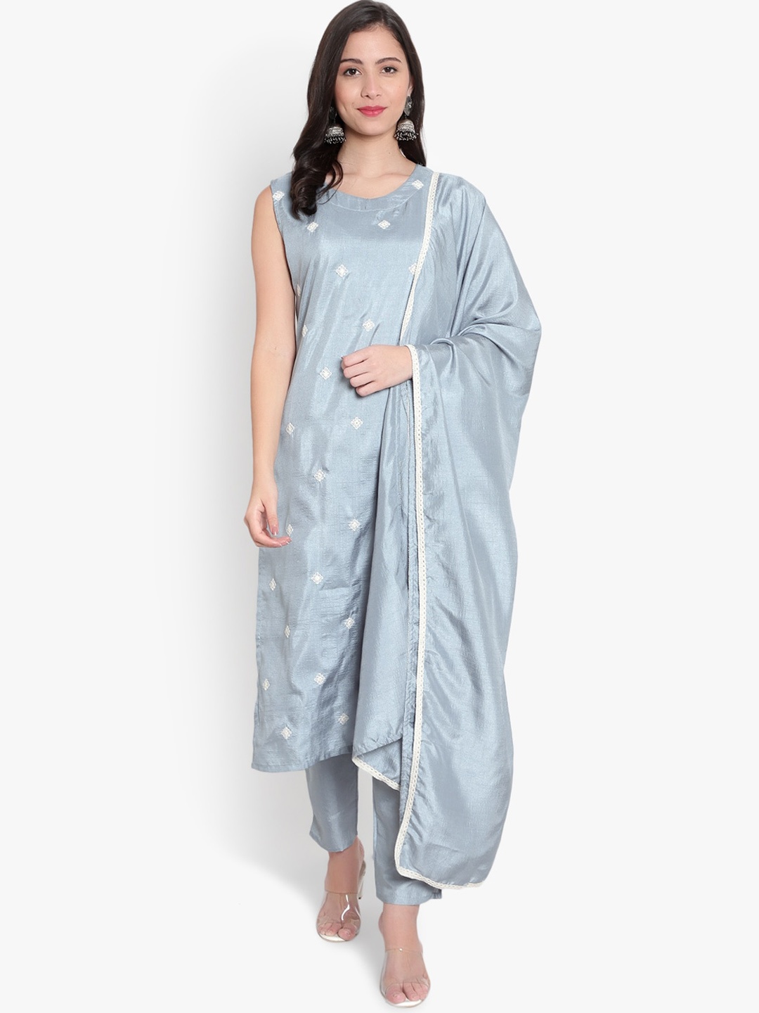 

Hinayat Fashion Ethnic Motifs Embroidered Regular Straight Kurta & Trousers With Dupatta, Grey