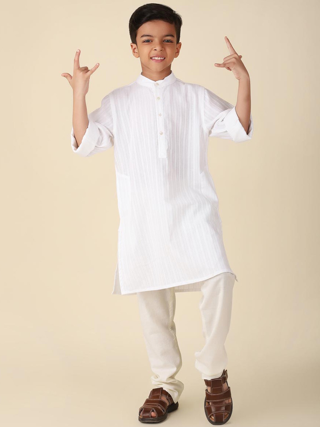 

Fabindia Boys Striped Band Collar Cotton Straight Kurta, White