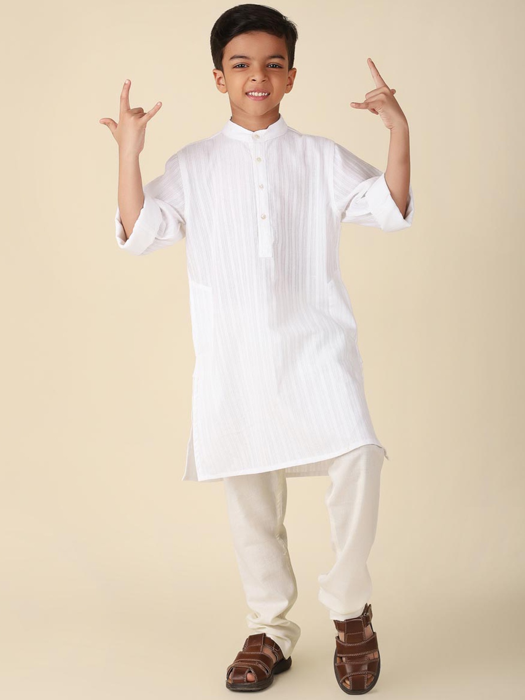 

Fabindia Boys Striped Band Collar Pure Cotton Straight Kurta, White