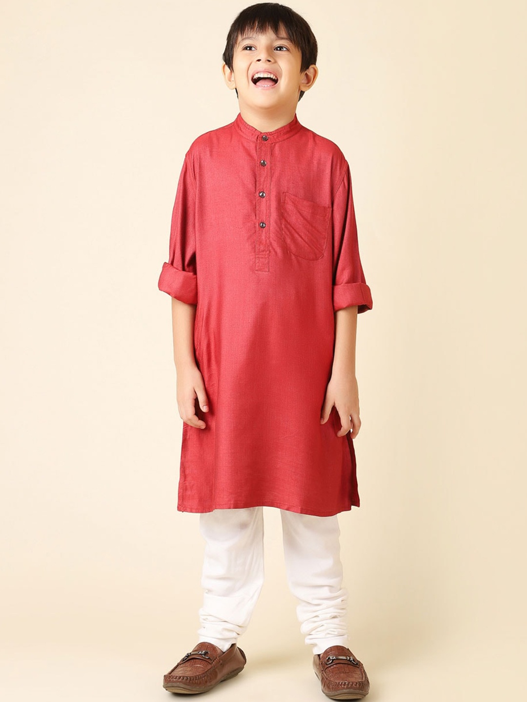 

Fabindia Boys Band Collar Straight Kurta, Red