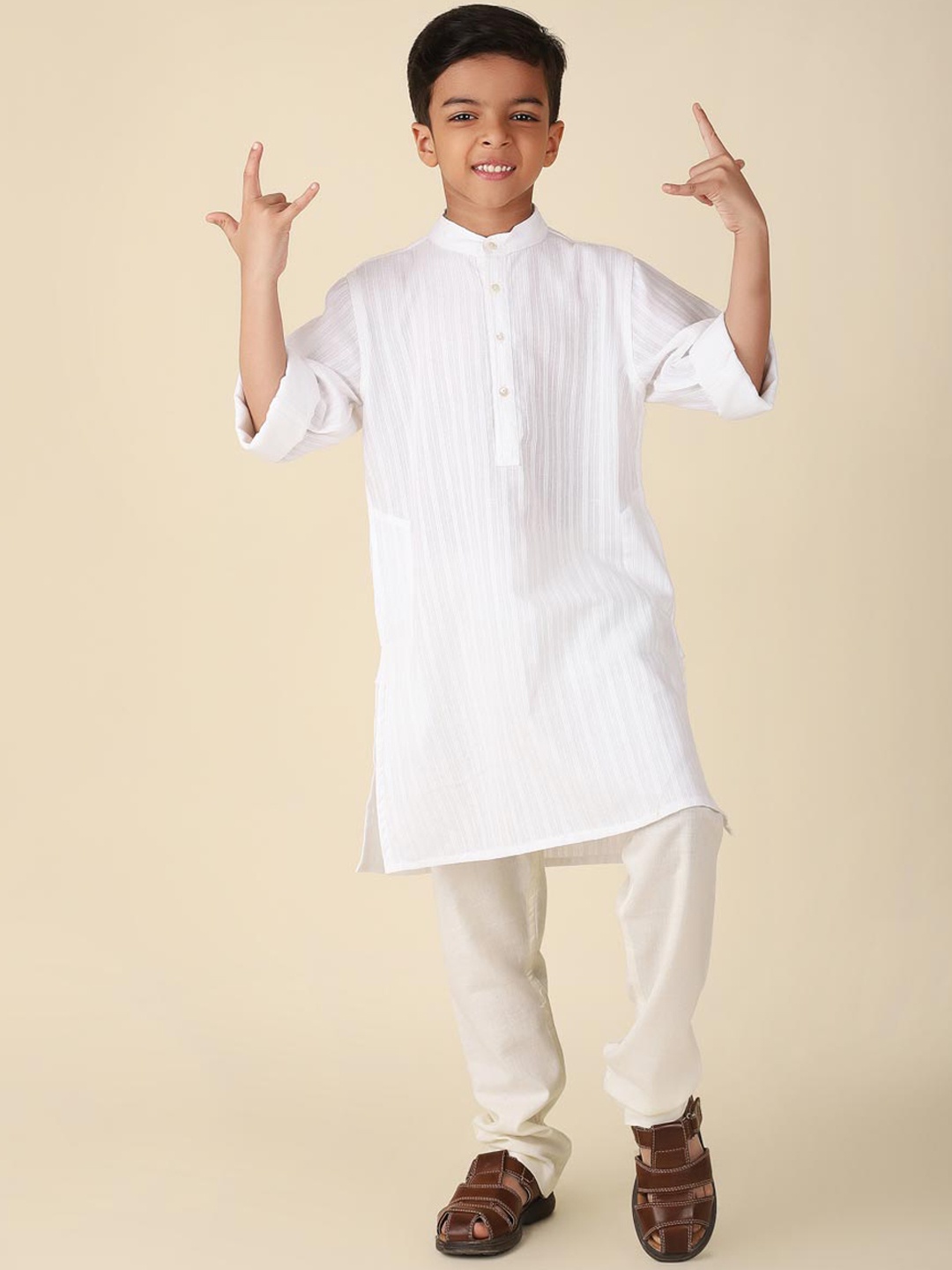 

Fabindia Boys Striped Band Collar Pure Cotton Straight Kurta, White