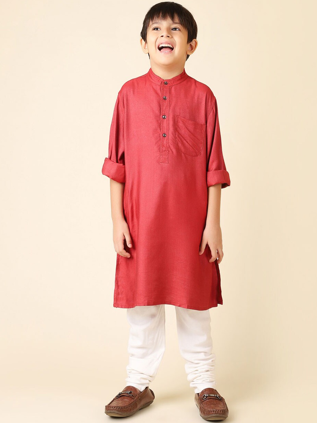 

Fabindia Boys Band Collar Straight Kurta, Red