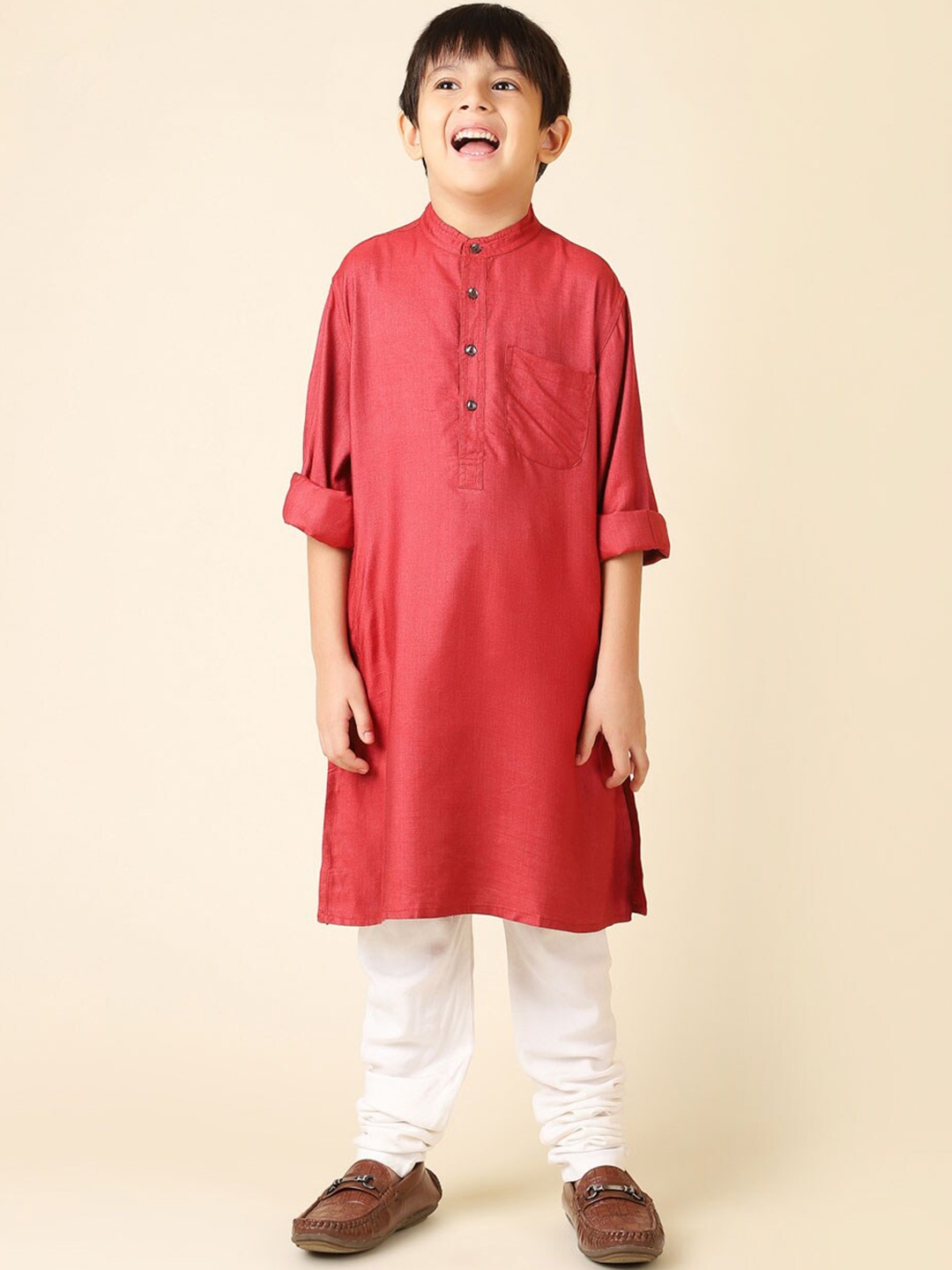 

Fabindia Boys Band Collar Straight Kurta, Red