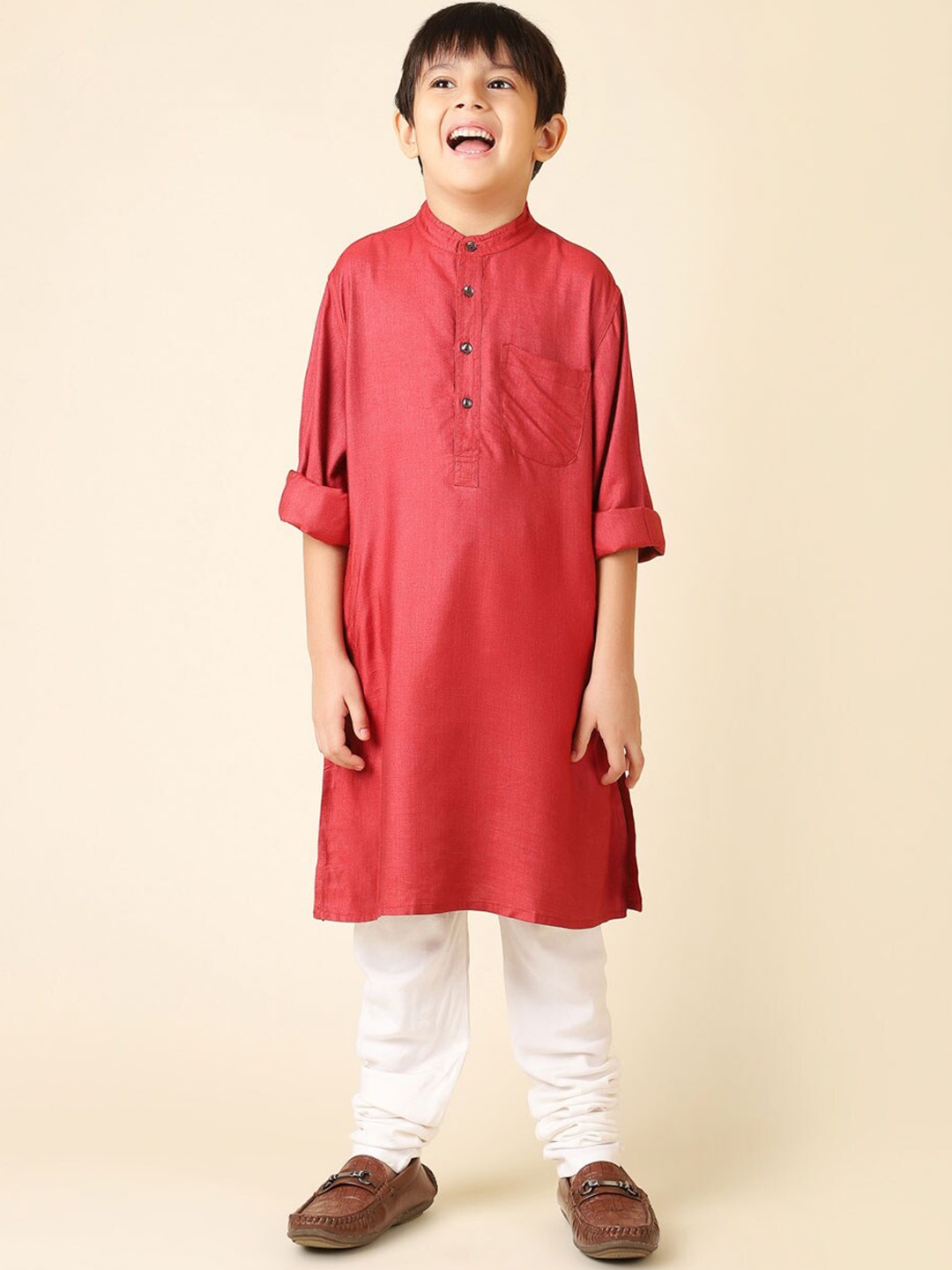 

Fabindia Boys Band Collar Straight Kurta, Red