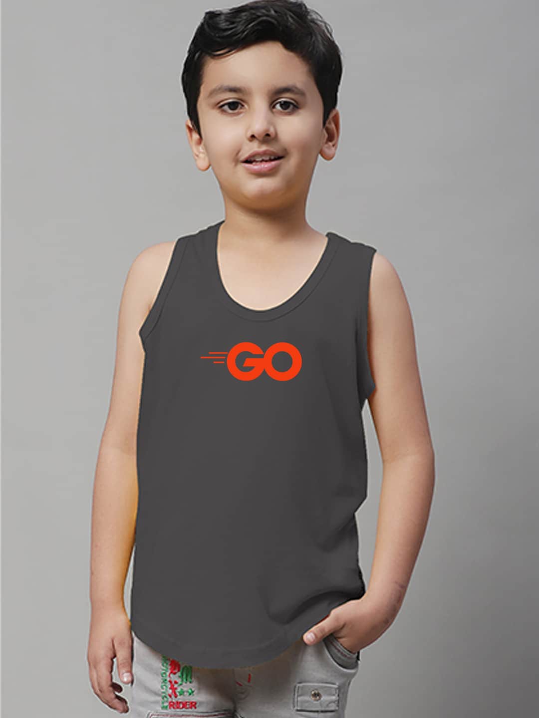

Friskers Boys Printed Round Neck Sleeveless Pure Cotton Gym Innerwear Vests, Grey