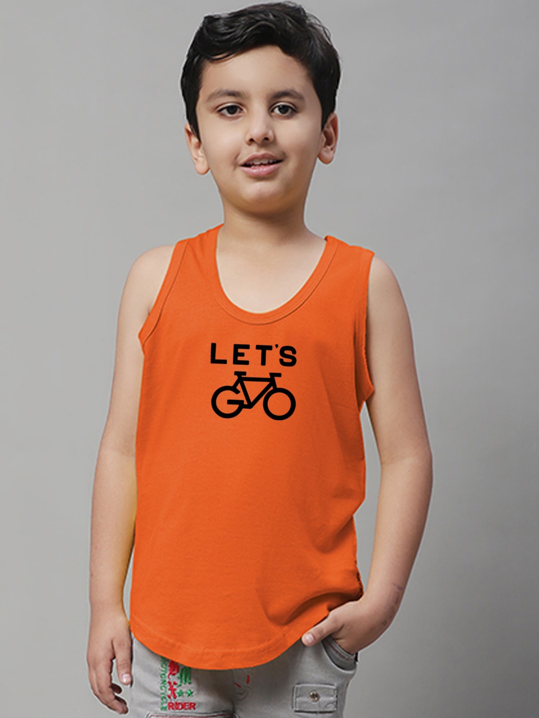 

Friskers Boys Printed Round Neck Sleeveless Pure Cotton Gym Innerwear Vests, Orange