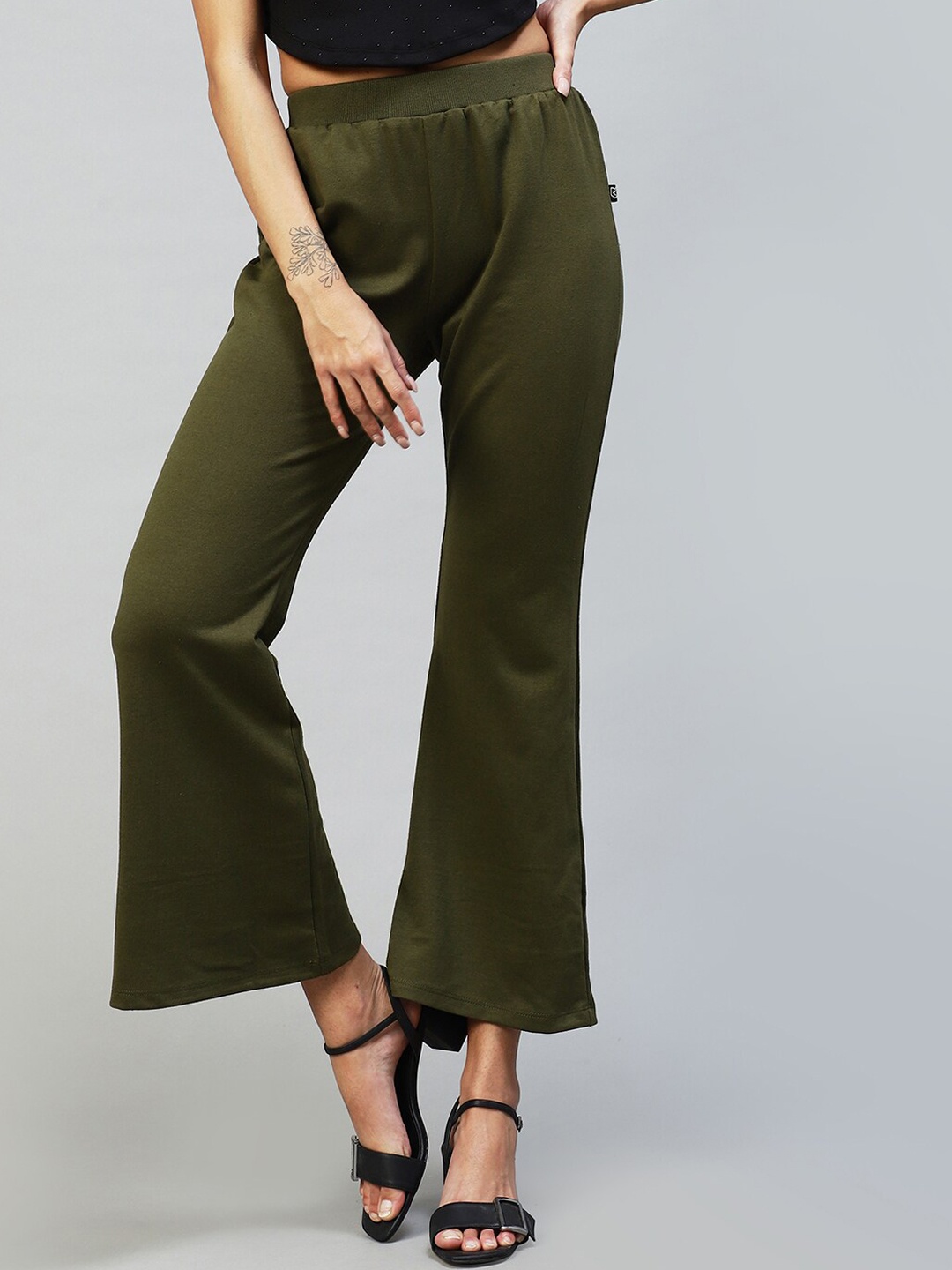 

Rigo Women Slim Fit Cotton Cropped Bootcut Trousers, Green