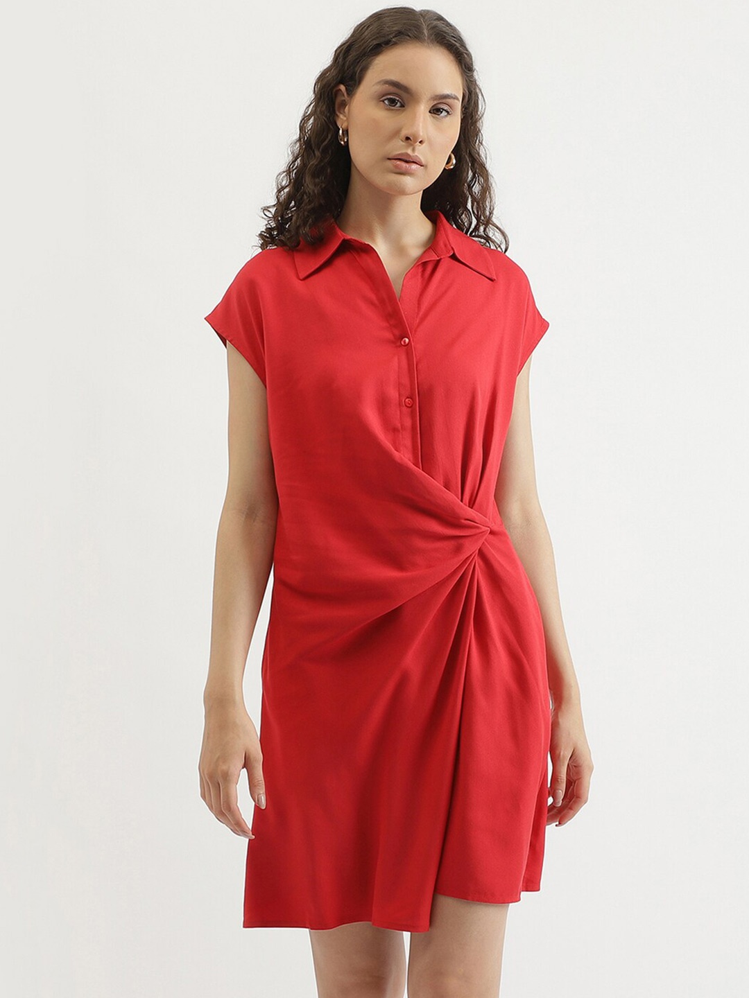 

United Colors of Benetton Shirt Collar Gathered Or Pleated Shirt Dress, Red