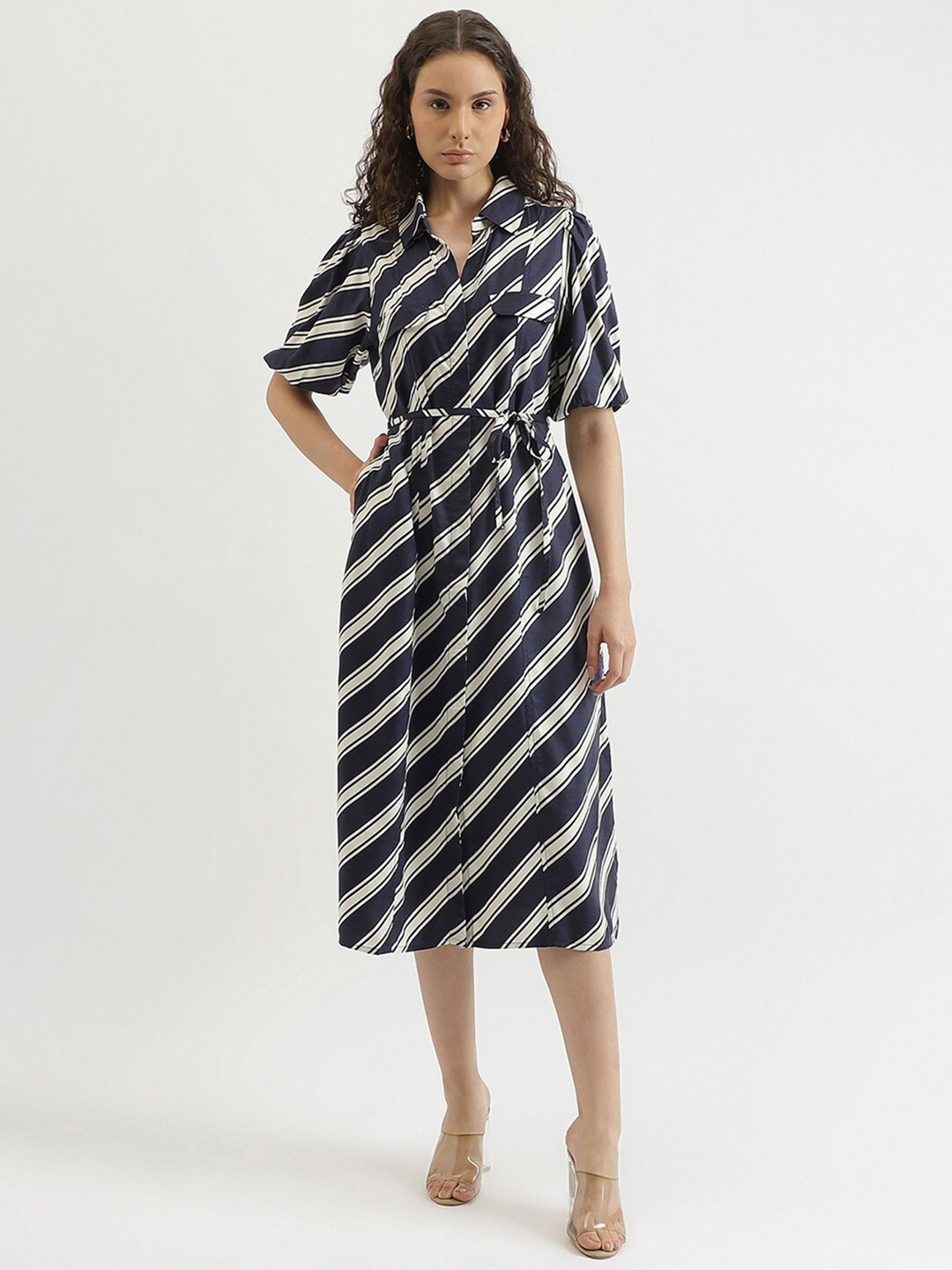 

United Colors of Benetton Striped Tie Ups Shirt Dress, Black