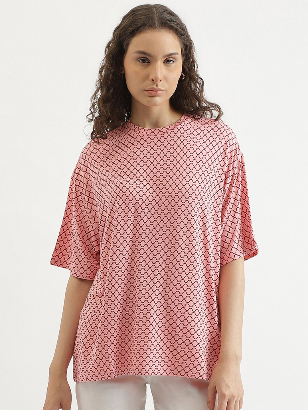 United Colors of Benetton Printed Round Neck Longline T-shirt, Pink