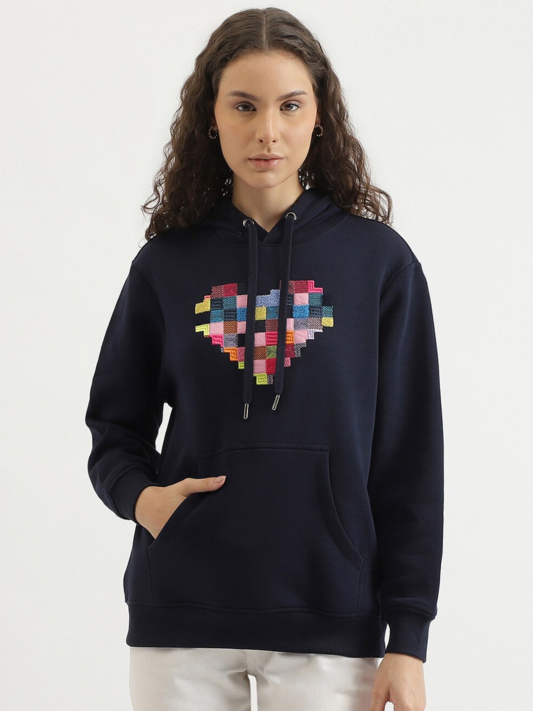 

United Colors of Benetton Graphic Printed Hooded Pullover Sweatshirt, Navy blue