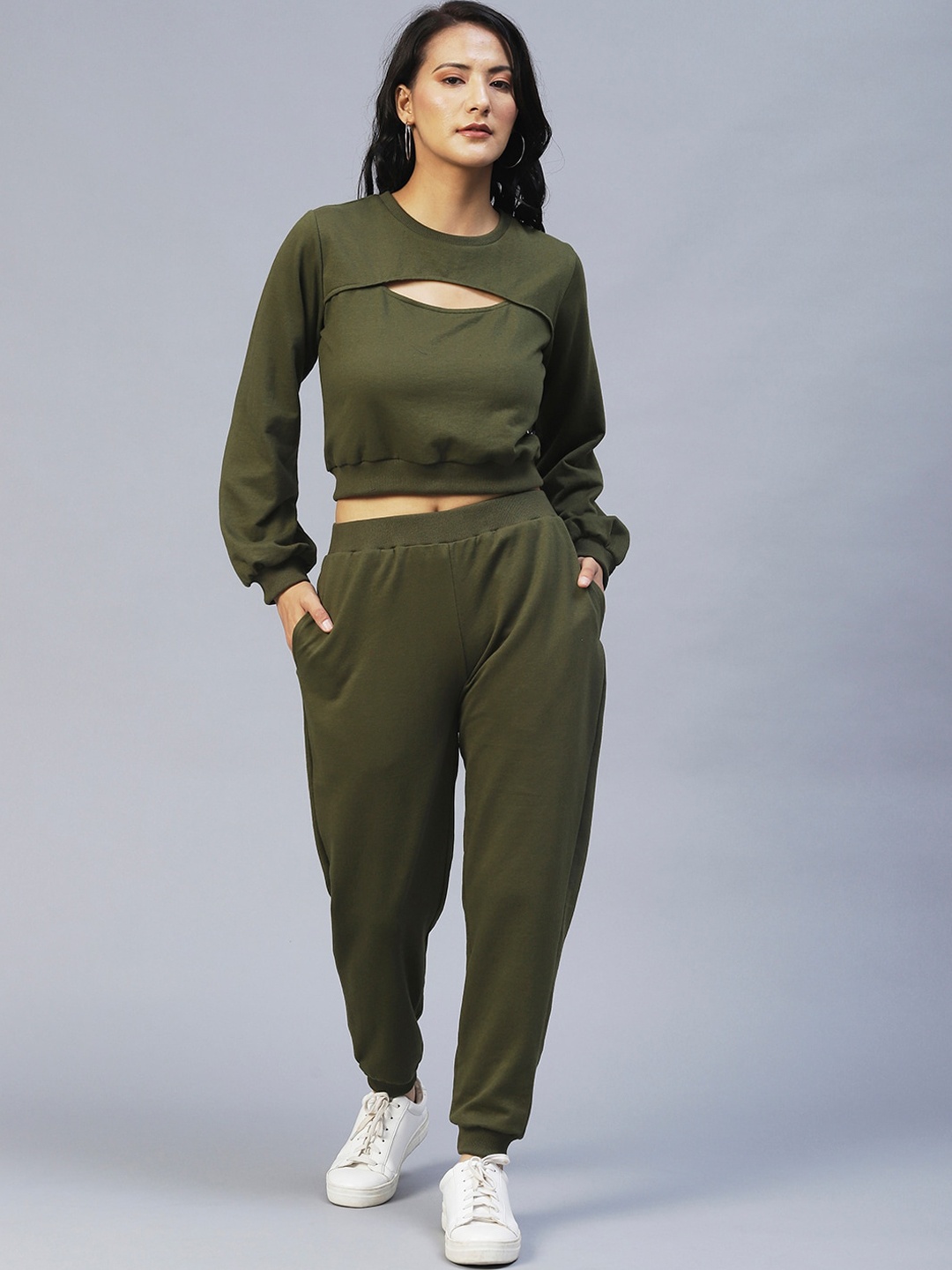 

Rigo Solid Cotton Crop Sweatshirt & Track Pant Tracksuits, Olive