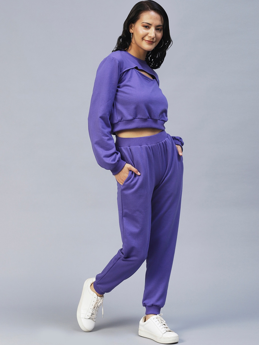 

Rigo Solid Crop Sweatshirt & Track Pant Cotton Tracksuits, Purple