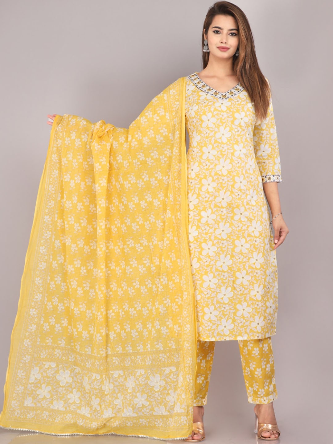 

HIGHLIGHT FASHION EXPORT Printed Thread Work Pure Cotton Kurta With Trousers & Dupatta, Yellow