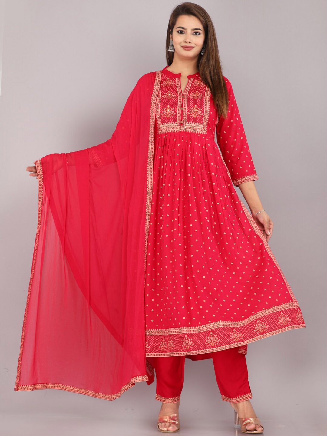 

HIGHLIGHT FASHION EXPORT Ethnic Motifs Printed A-Line Kurta & Trousers With Dupatta, Pink