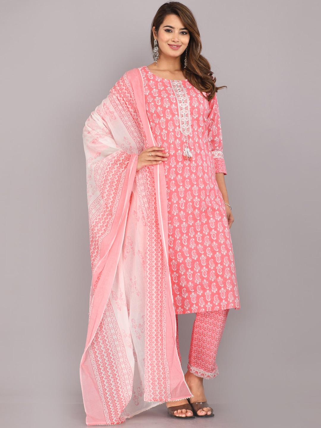 

HIGHLIGHT FASHION EXPORT Paisley Printed Pure Cotton Kurta with Trousers & Dupatta, Pink