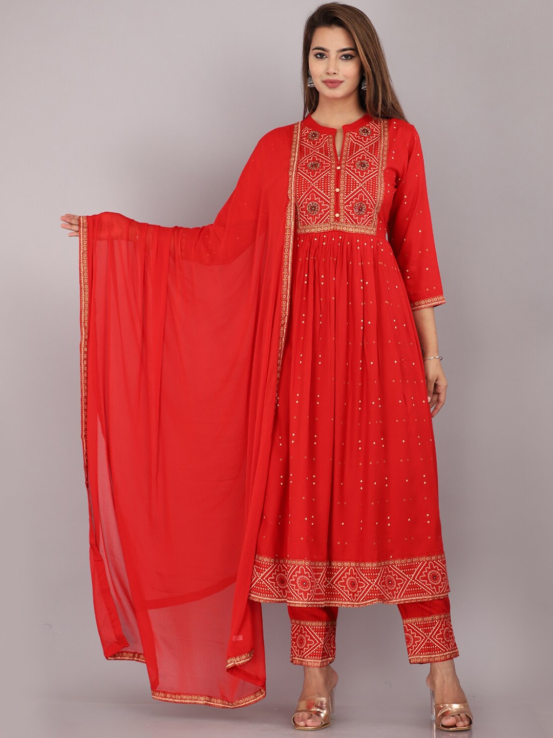 

HIGHLIGHT FASHION EXPORT Ethnic Motifs Printed A-Line Kurta & Trousers With Dupatta, Red