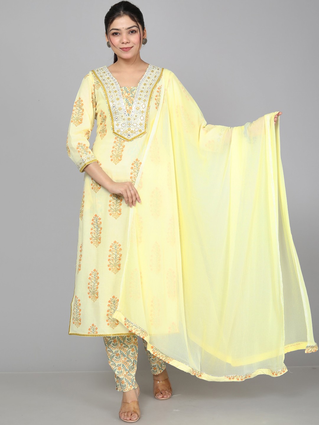 

HIGHLIGHT FASHION EXPORT Ethnic Motifs Printed Pure Cotton Kurta with Trousers & Dupatta, Yellow