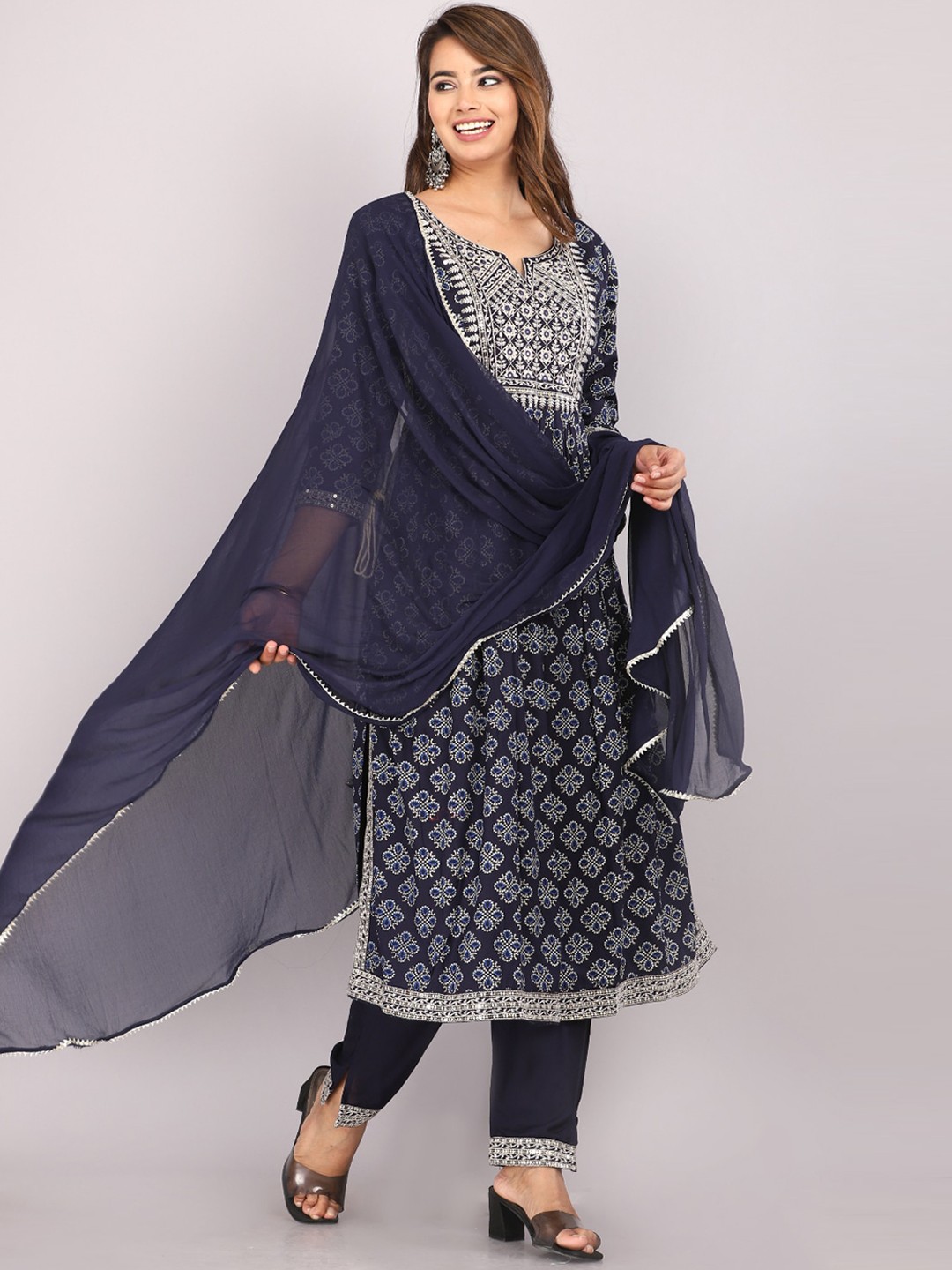 

HIGHLIGHT FASHION EXPORT Ethnic Motifs Printed Thread Work Kurta with Trousers & Dupatta, Navy blue