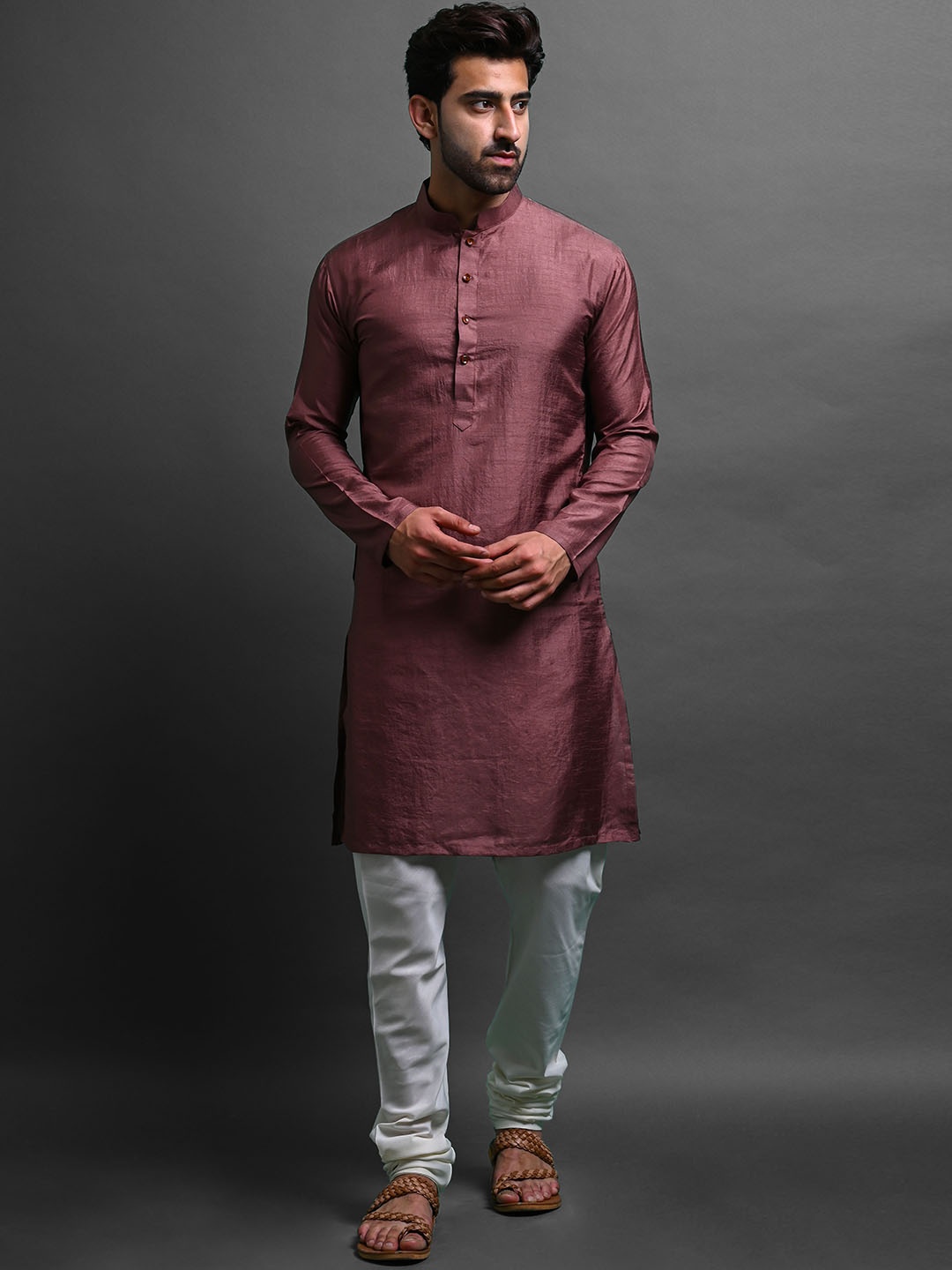 

VESHAM Mandarin Collar Kurta With Churidar, Brown