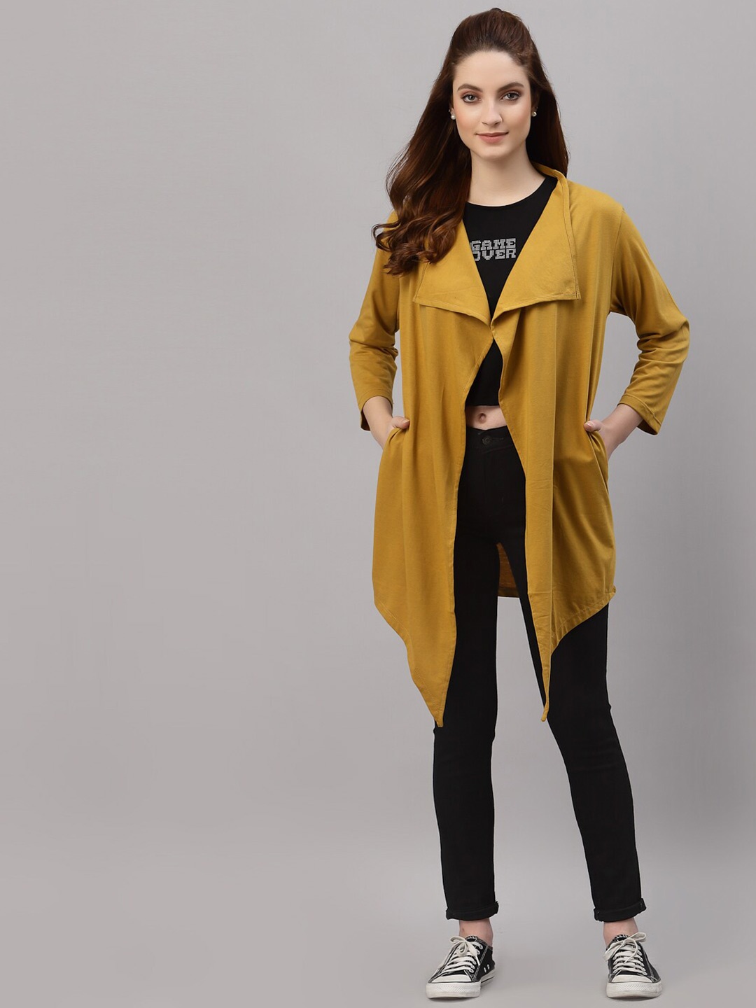 

Rigo Solid Open Front Cotton Shrug, Mustard