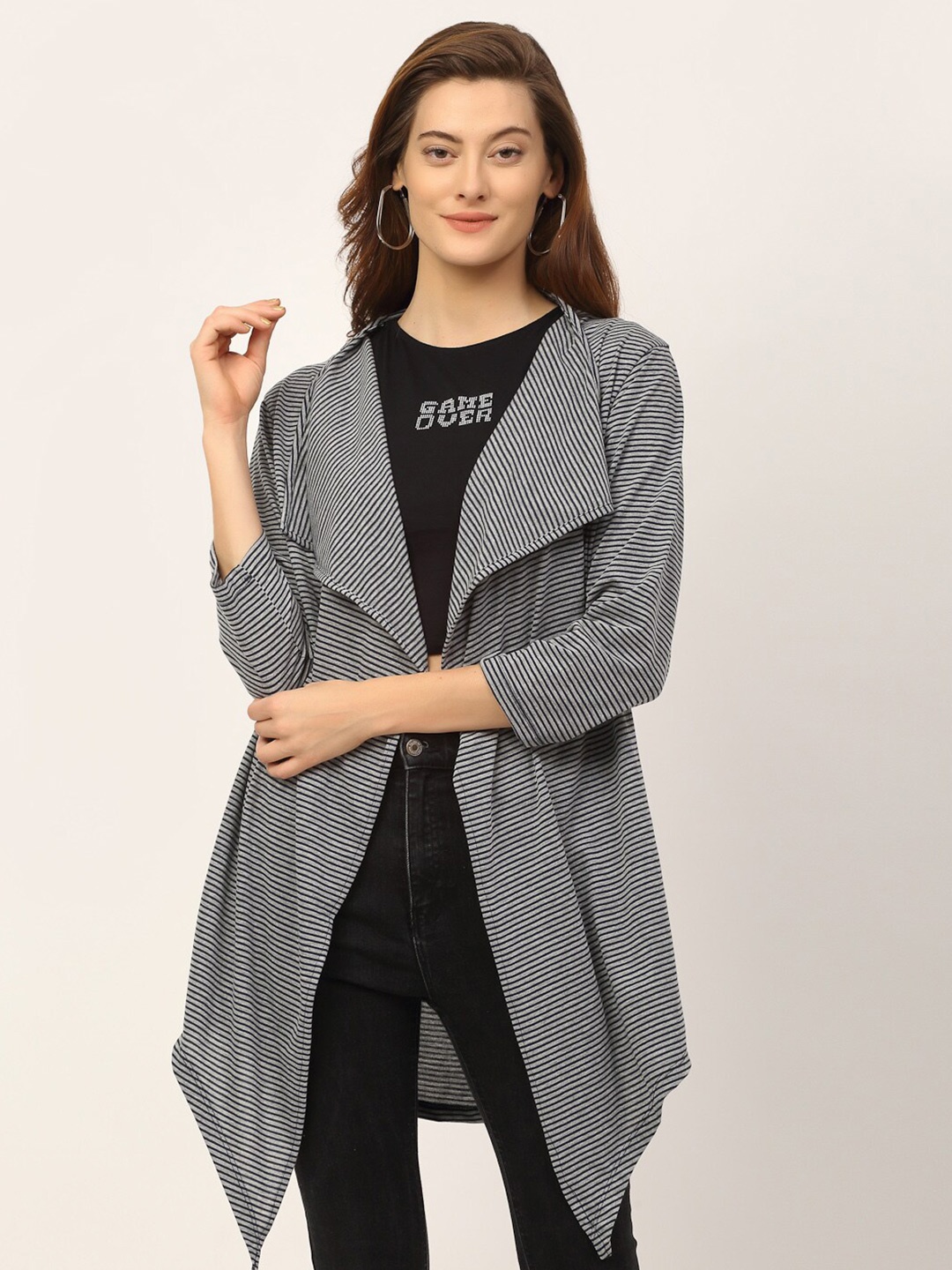 

Rigo Striped Open Front Shrug, Grey