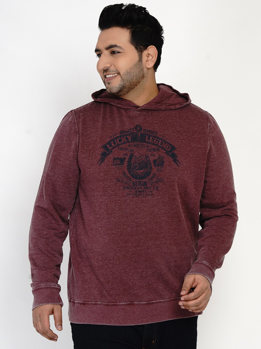 

Santonio Plus Size Graphic Printed Hooded Pure Cotton Pullover Sweatshirt, Maroon