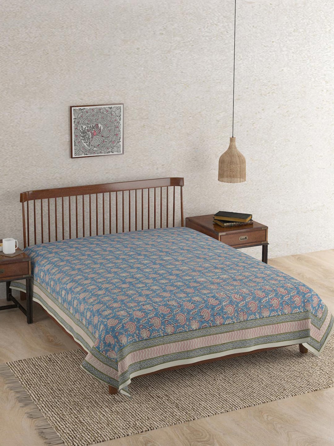

Fabindia Blue & Red Ethnic Motifs Printed Cotton Double Queen Bed Cover