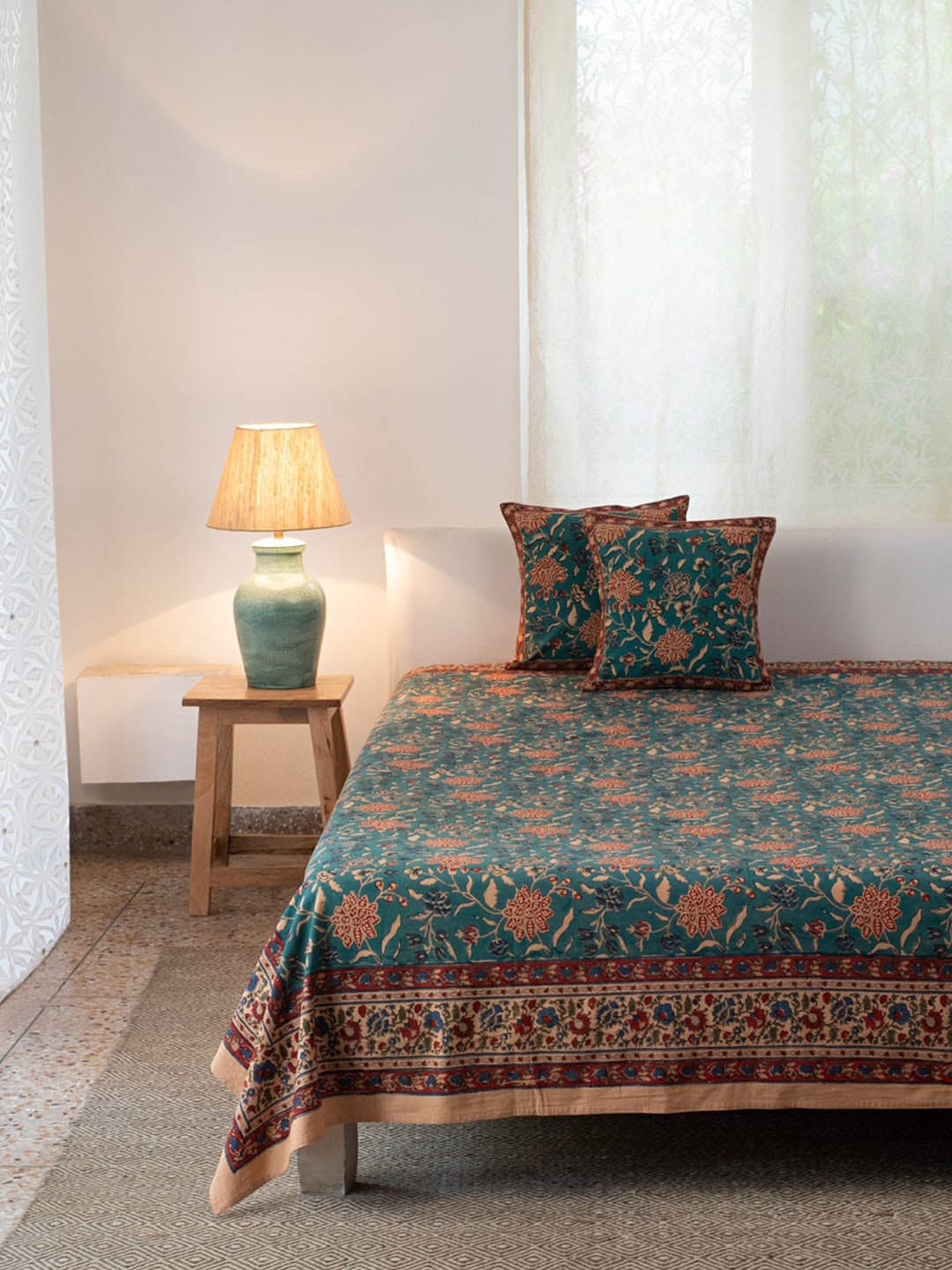 

Fabindia Teal-Green & Beige Floral Printed Cotton Double Queen Bed Cover