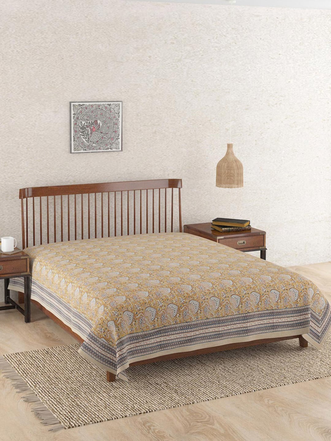 

Fabindia Yellow & Black Ethnic Motif Printed Cotton Double King Bed Cover