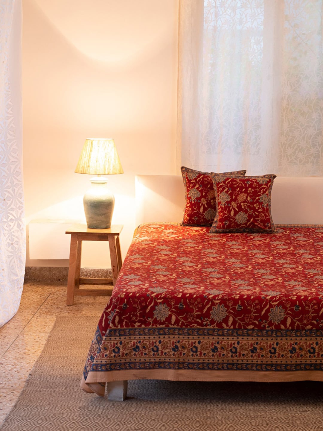 

Fabindia Red & Blue Ethnic Motif-Printed Cotton Double King Bed Cover