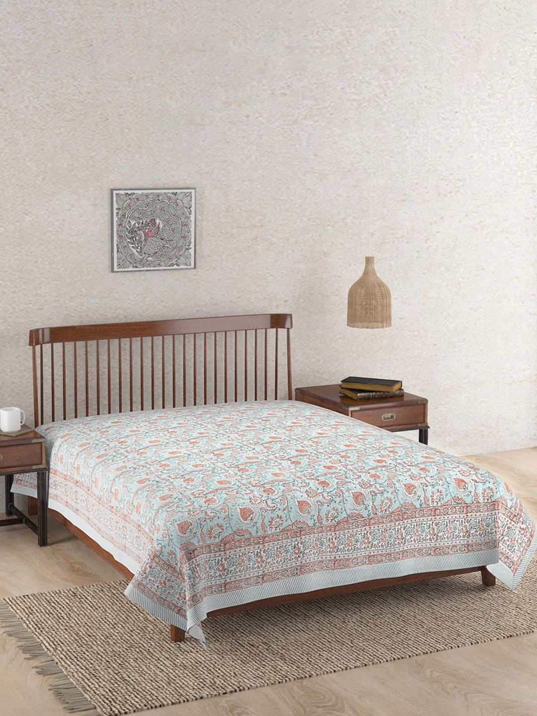 

Fabindia Blue & White Ethnic Motifs Printed Cotton Double King Bed Cover