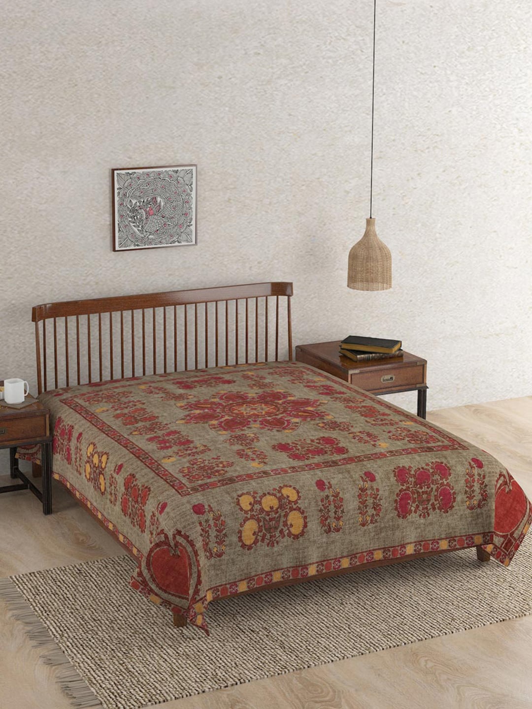 

Fabindia Red & Grey Ethnic Motif Printed Cotton Double Queen Bed Cover