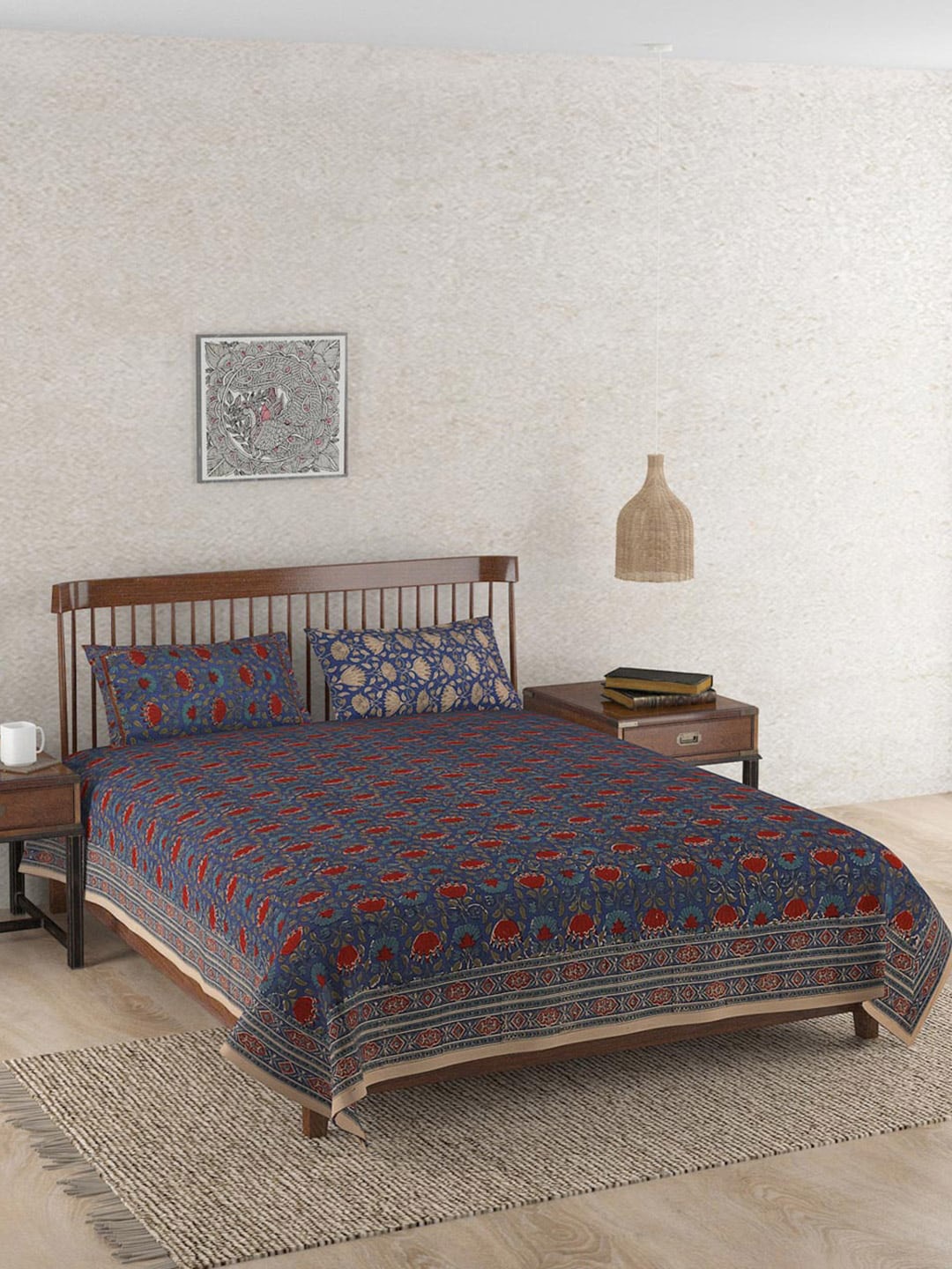 

Fabindia Blue & Red Floral-Printed Cotton Single Bed Cover