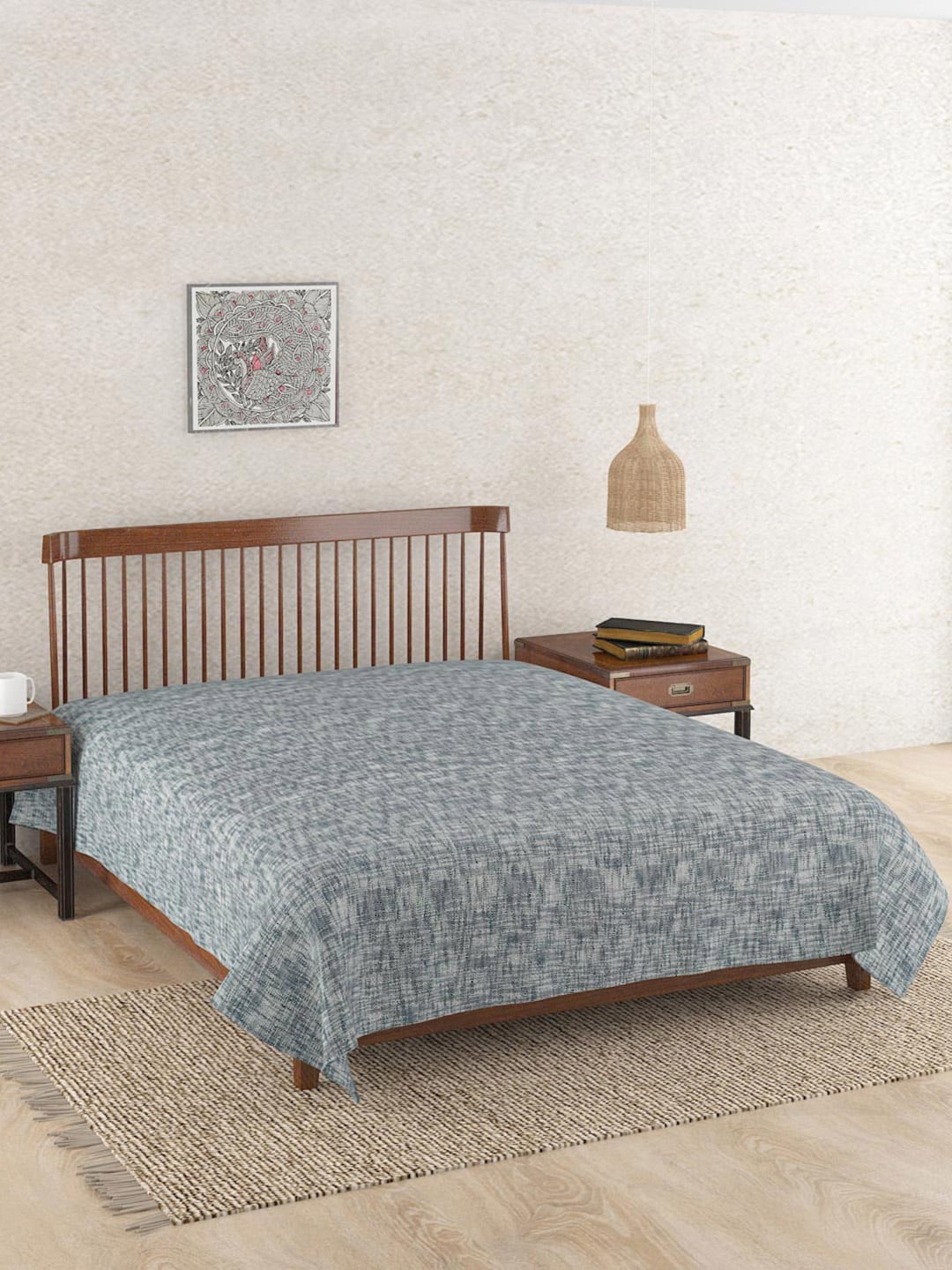

Fabindia Blue & White Woven Design Cotton 120 TC Double Queen Bed Cover