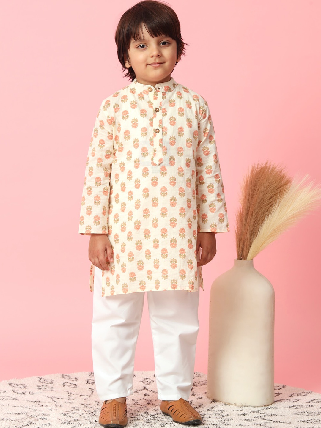 

Readiprint Boys Ethnic Motifs Printed Regular Pure Cotton Kurta with Pyjamas, Peach