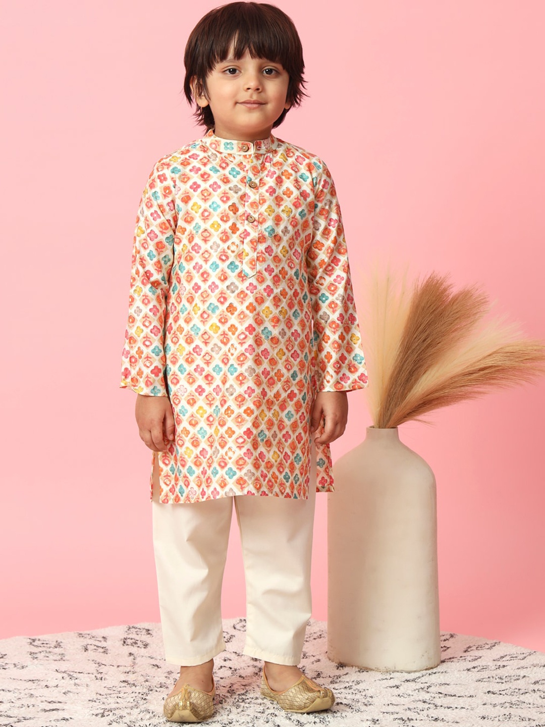 

Readiprint Boys Floral Printed Pure Silk Kurta with Pyjamas, Orange