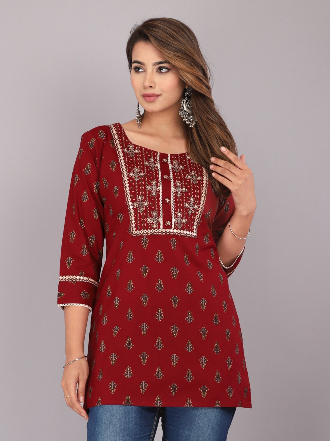 

JC4U Ethnic Motifs Printed Embellished Longline Top, Maroon