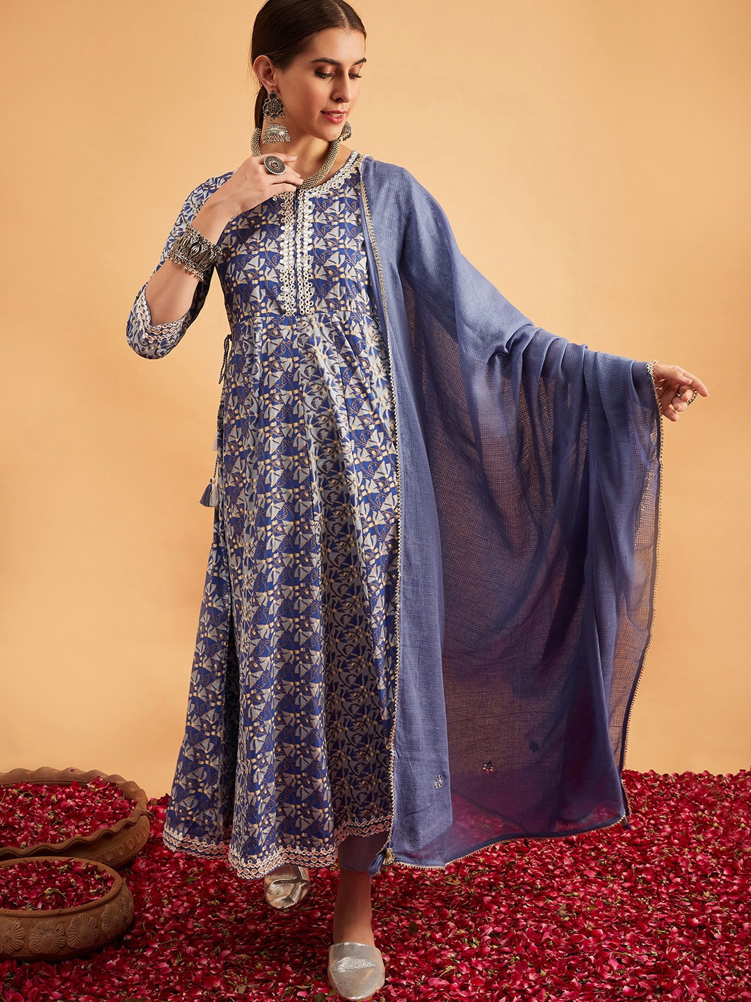 

Sangria Printed Anarkali Kurta With Trouser & Dupatta, Blue