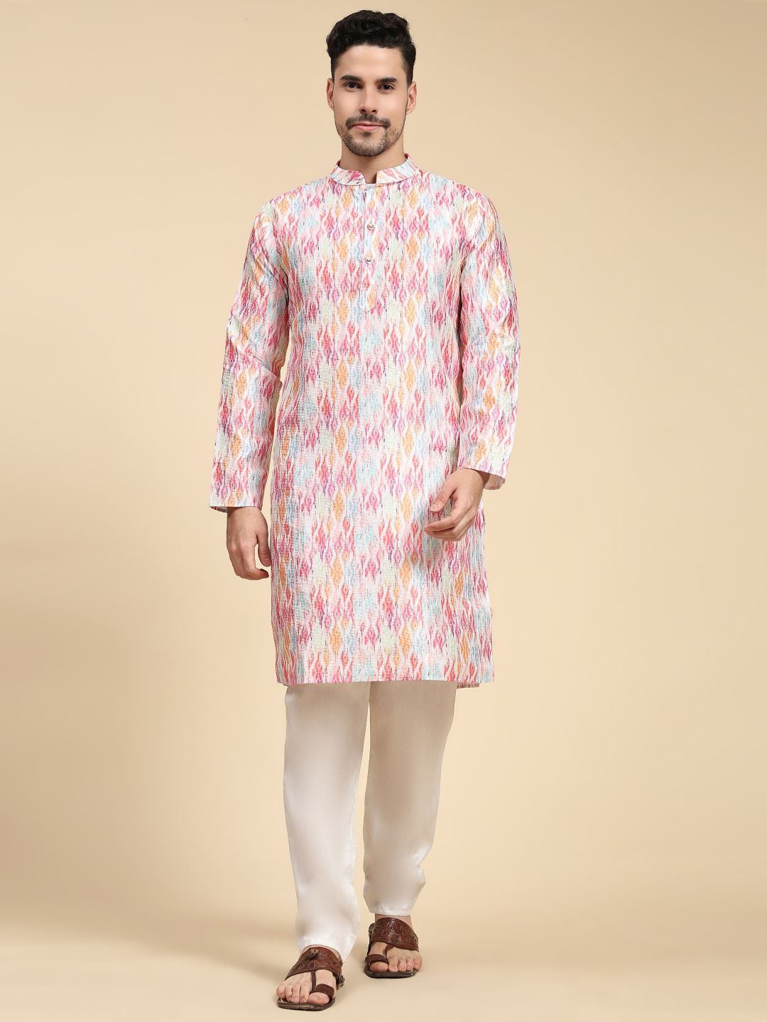 

ZARIMO Ethnic Motifs Printed Sequinned Regular Cotton Kurta, Taupe