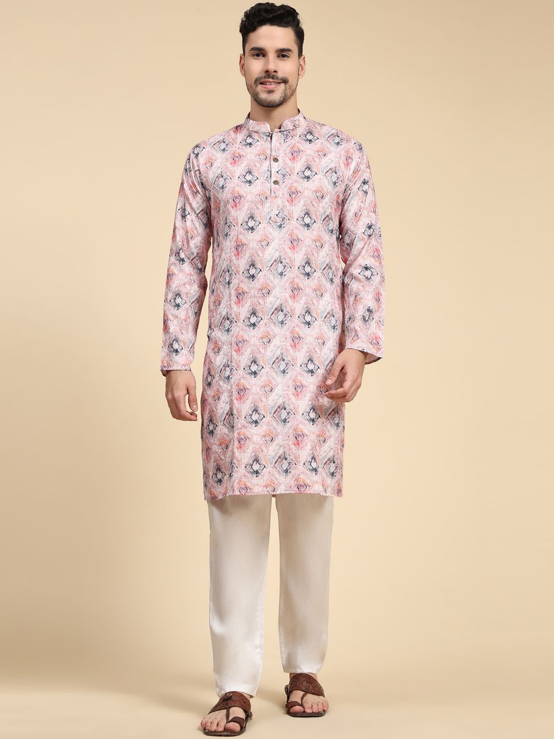 

ZARIMO Geometric Printed Sequinned Regular Cotton Kurta, Coral