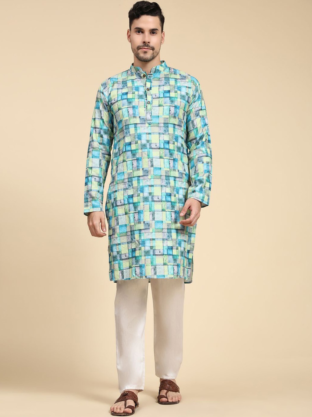 

ZARIMO Checked Sequinned Regular Cotton Kurta, Teal