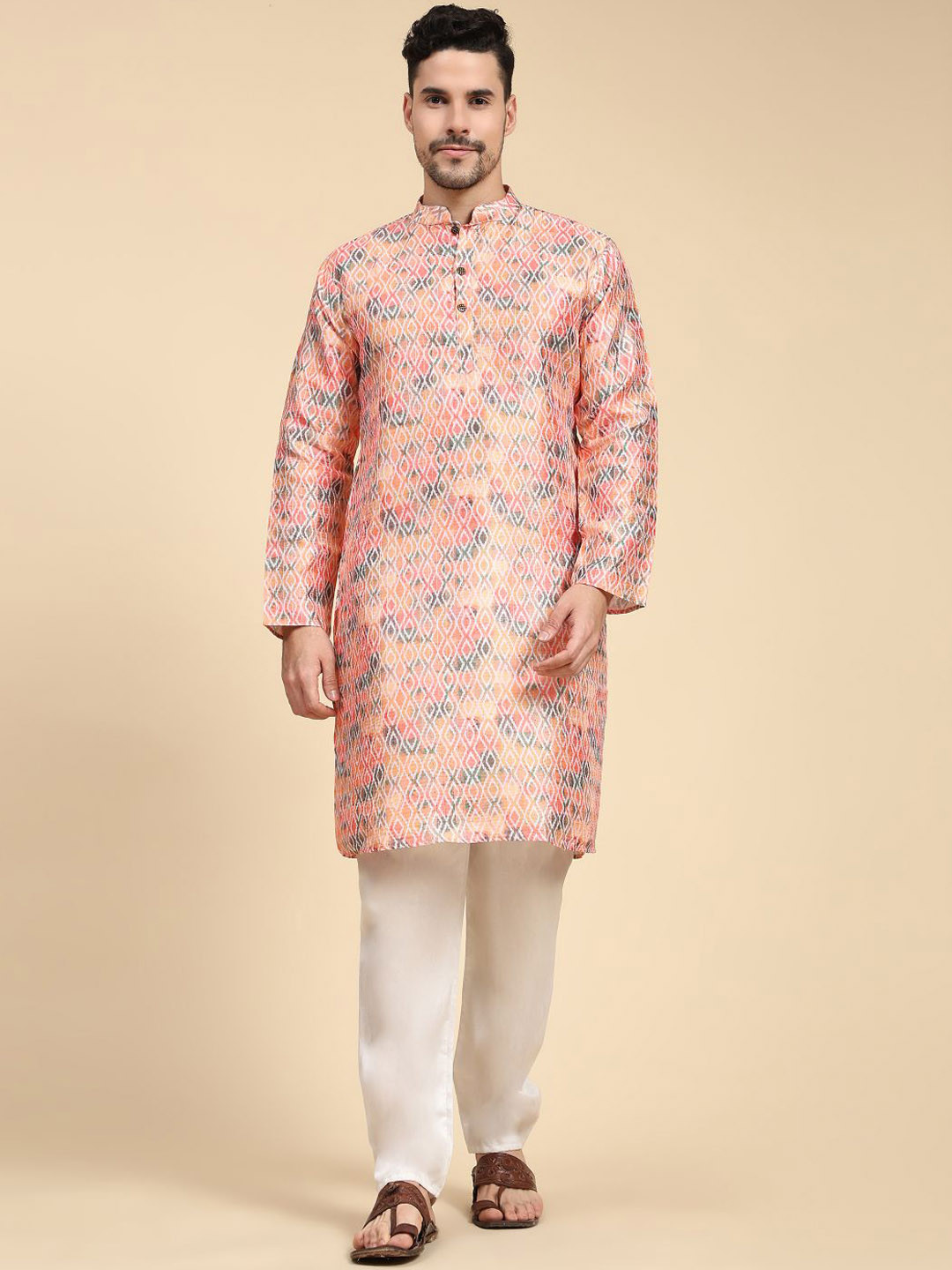 

ZARIMO Ethnic Motifs Printed Sequinned Regular Cotton Kurta, Rust