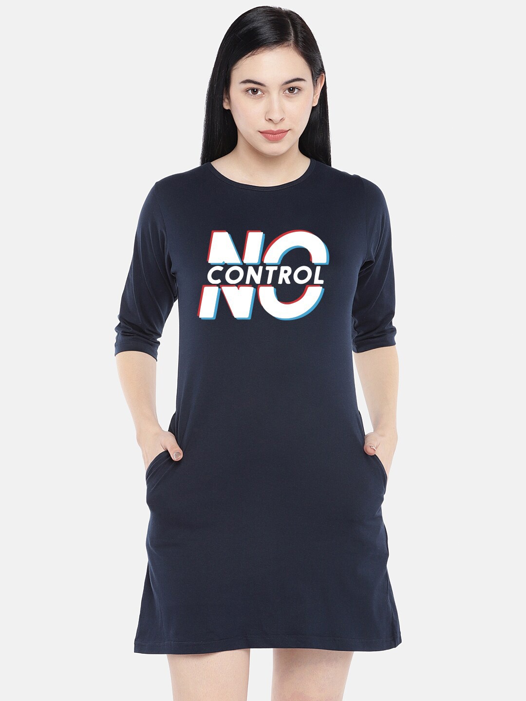 

STATUS MANTRA Typography Printed Pure Cotton T-Shirt Dress, Navy blue