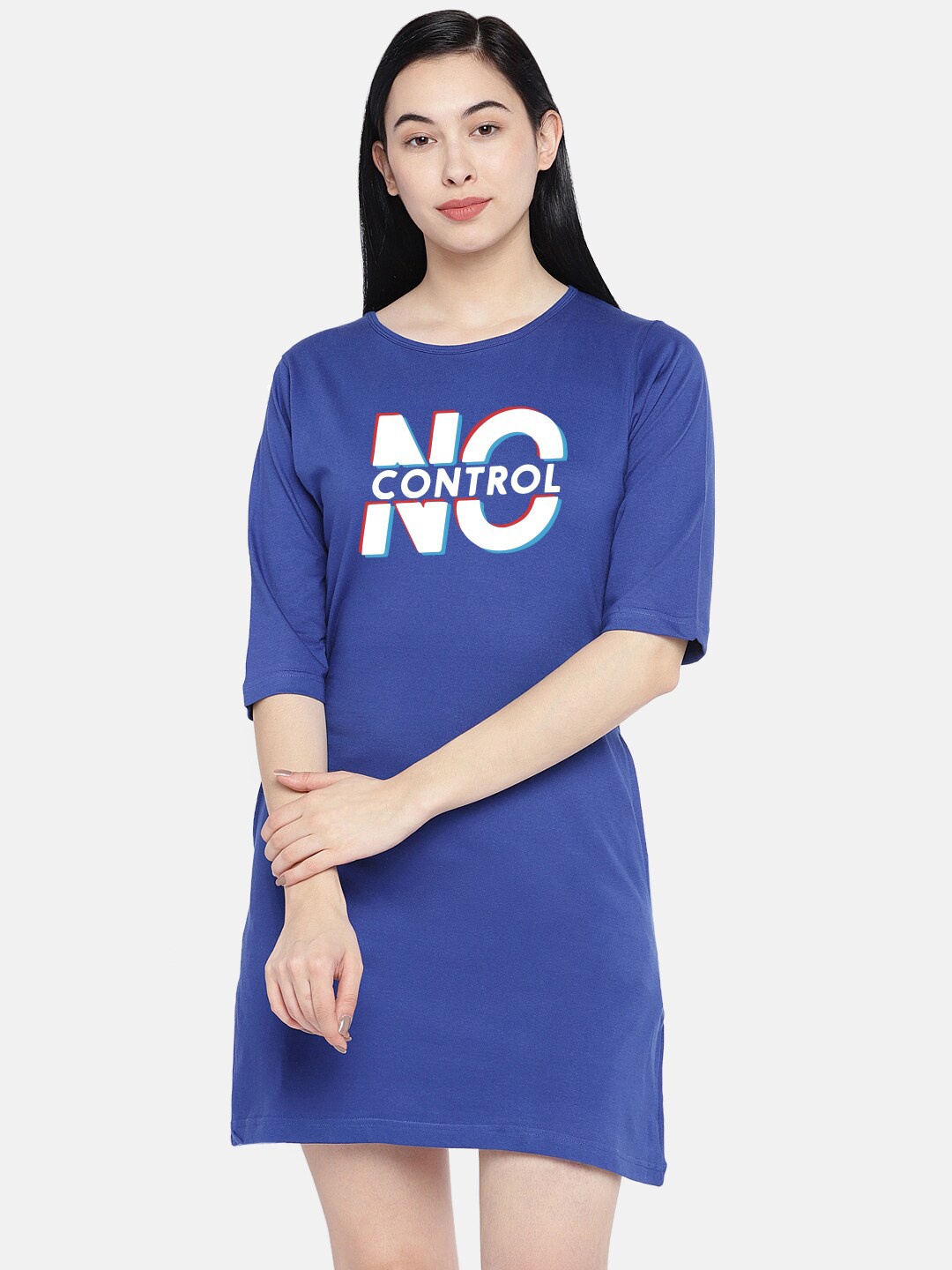 

STATUS MANTRA Typography Printed Pure Cotton T-Shirt Dress, Blue