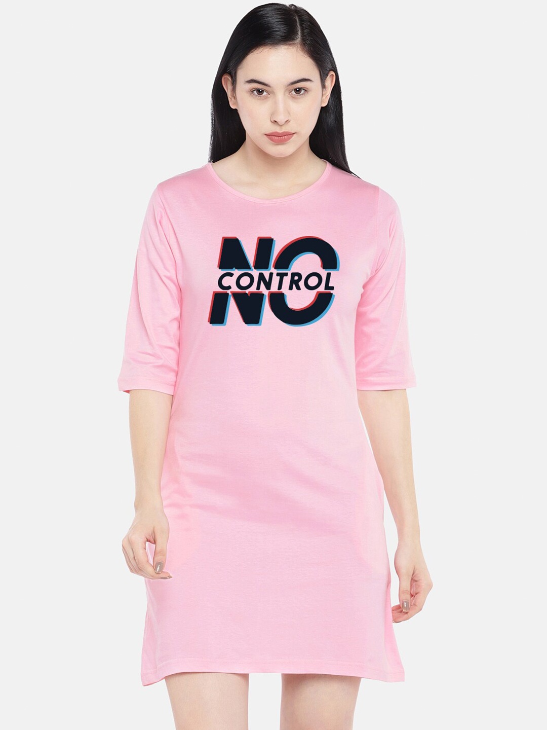 

STATUS MANTRA Typography Printed Pure Cotton T-Shirt Dress, Pink