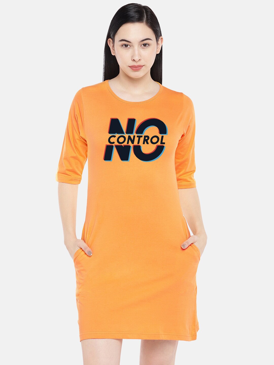 

STATUS MANTRA Typography Printed Pure Cotton T-Shirt Dress, Yellow