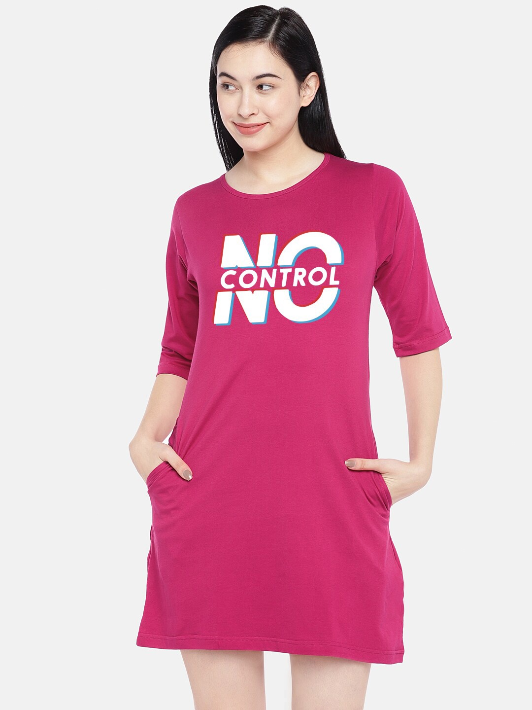 

STATUS MANTRA Typography Printed Pure Cotton T-Shirt Dress, Pink